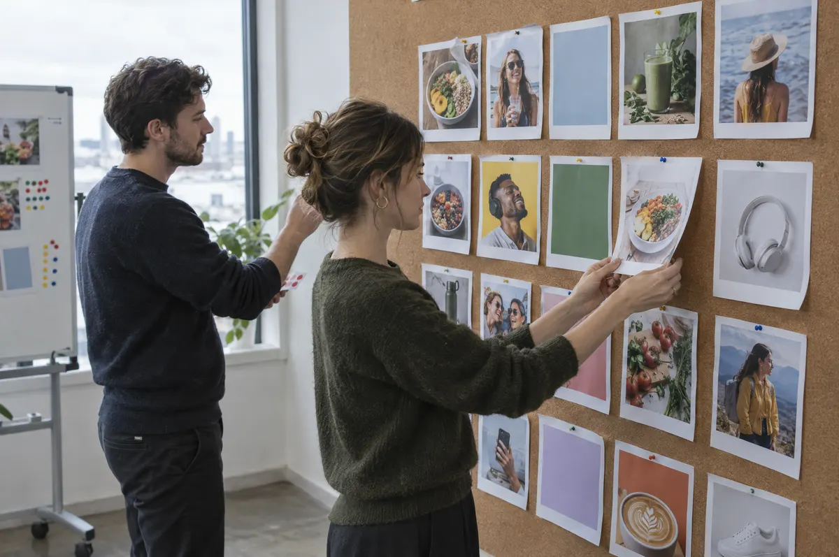 Two media buyers reviewing a corkboard grid of printed social ad variations