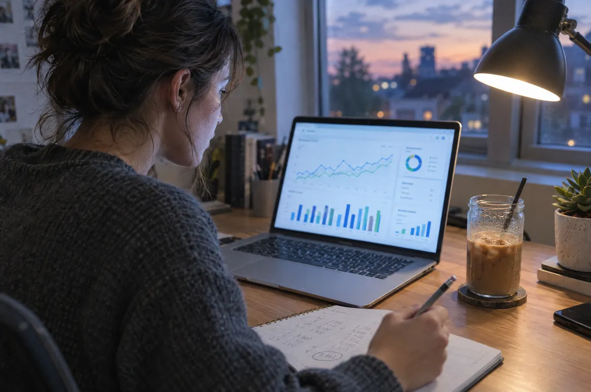 Marketing analyst reviewing campaign charts on a laptop and noting figures in a notebook at dusk