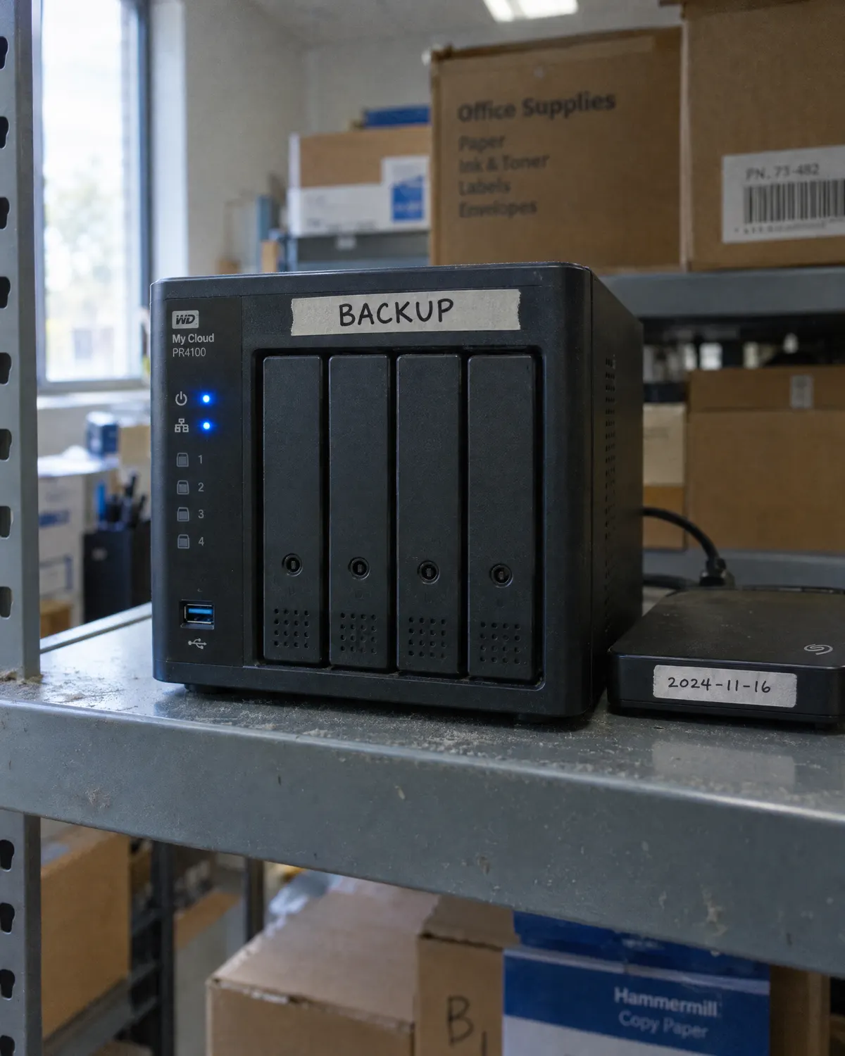Four-bay network storage device labelled BACKUP on a shelf beside a dated external drive