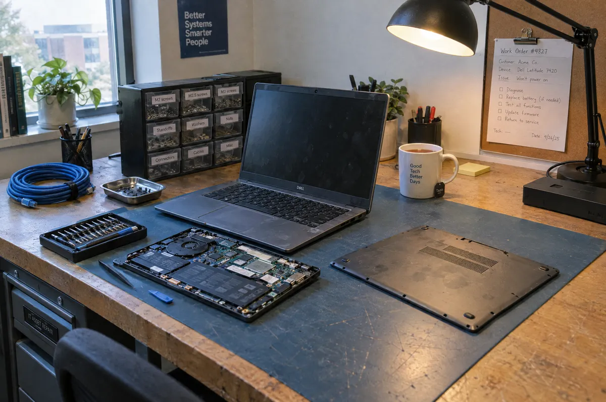 Tidy IT workbench with laptops, tools and labelled parts bins under window light
