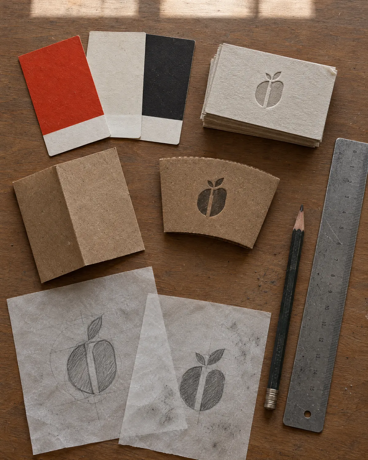 Flat lay of a brand identity in progress: red, bone and black swatches, letterpress cards and logo sketches