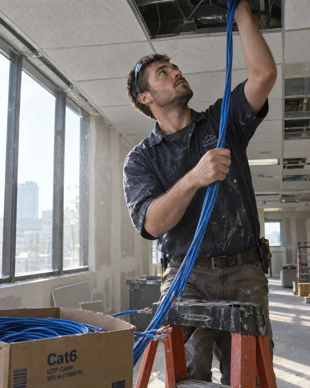 Cabling technician on a ladder pulling blue ethernet cable into an office ceiling