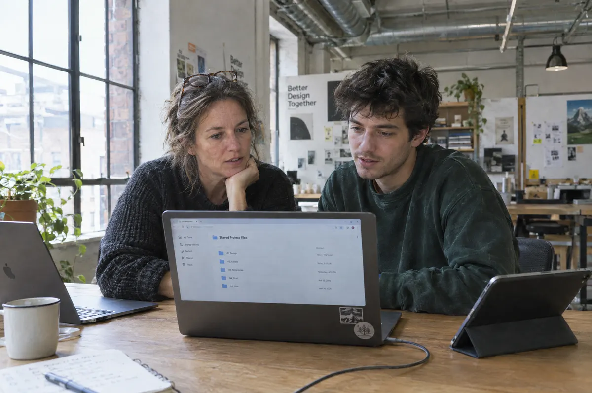 Two coworkers in a small studio reviewing a shared cloud folder on a laptop