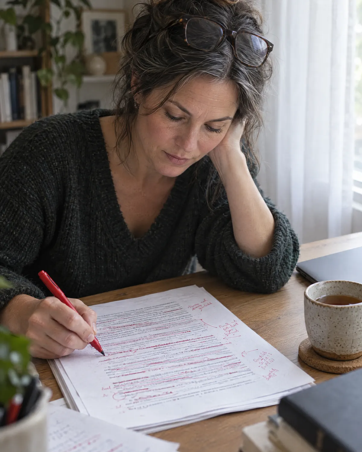Copywriter editing a printed draft with a red pen at a window desk