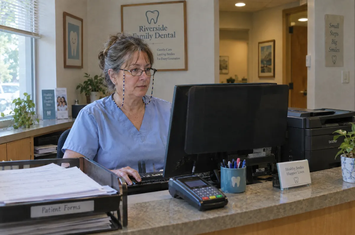 Dental office receptionist checking appointments on a computer with a privacy screen