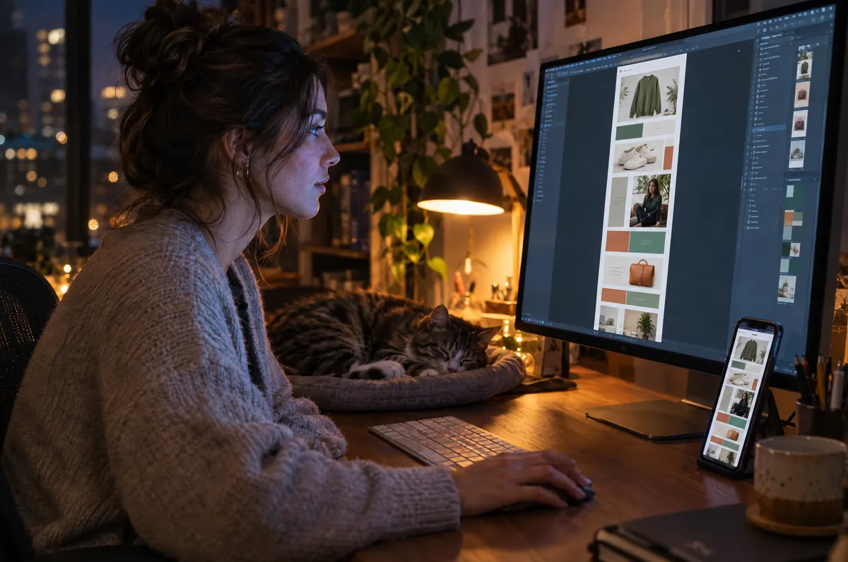 Designer building a promotional email on a large monitor at night, a cat asleep beside the keyboard