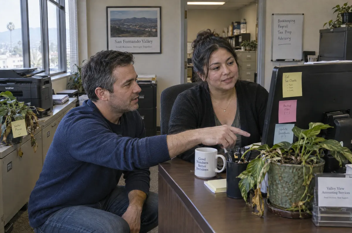 IT technician kneeling beside a receptionist's desk, walking her through a fix on her monitor in a sunlit Valley office