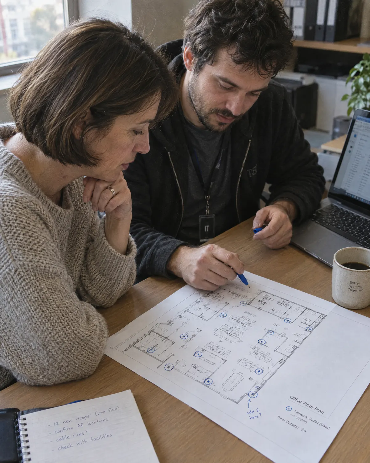 Office manager and IT technician reviewing a printed network plan at a desk