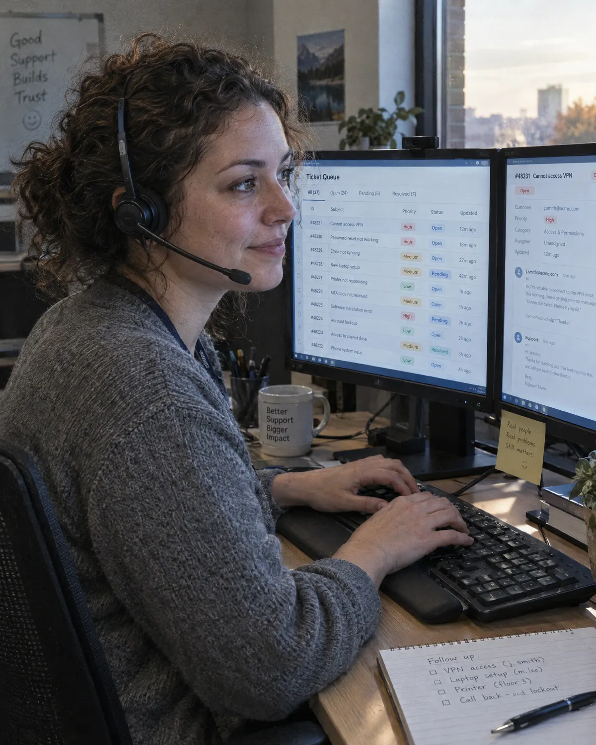 Help desk specialist wearing a headset, typing a reply at a two-monitor desk in late-afternoon light