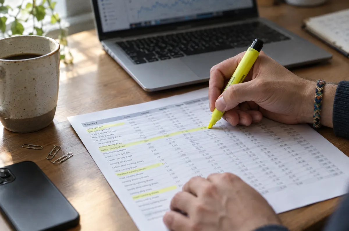 Hands highlighting rows of a printed keyword spreadsheet beside a laptop