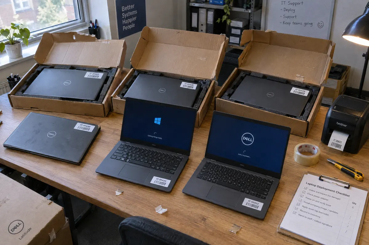 New business laptops being unboxed, asset-tagged and set up on a workbench
