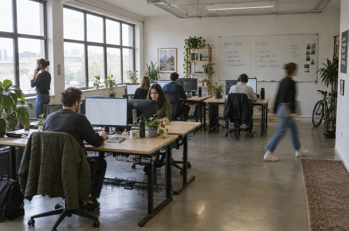 Calm open-plan office with people working at their desks in soft daylight