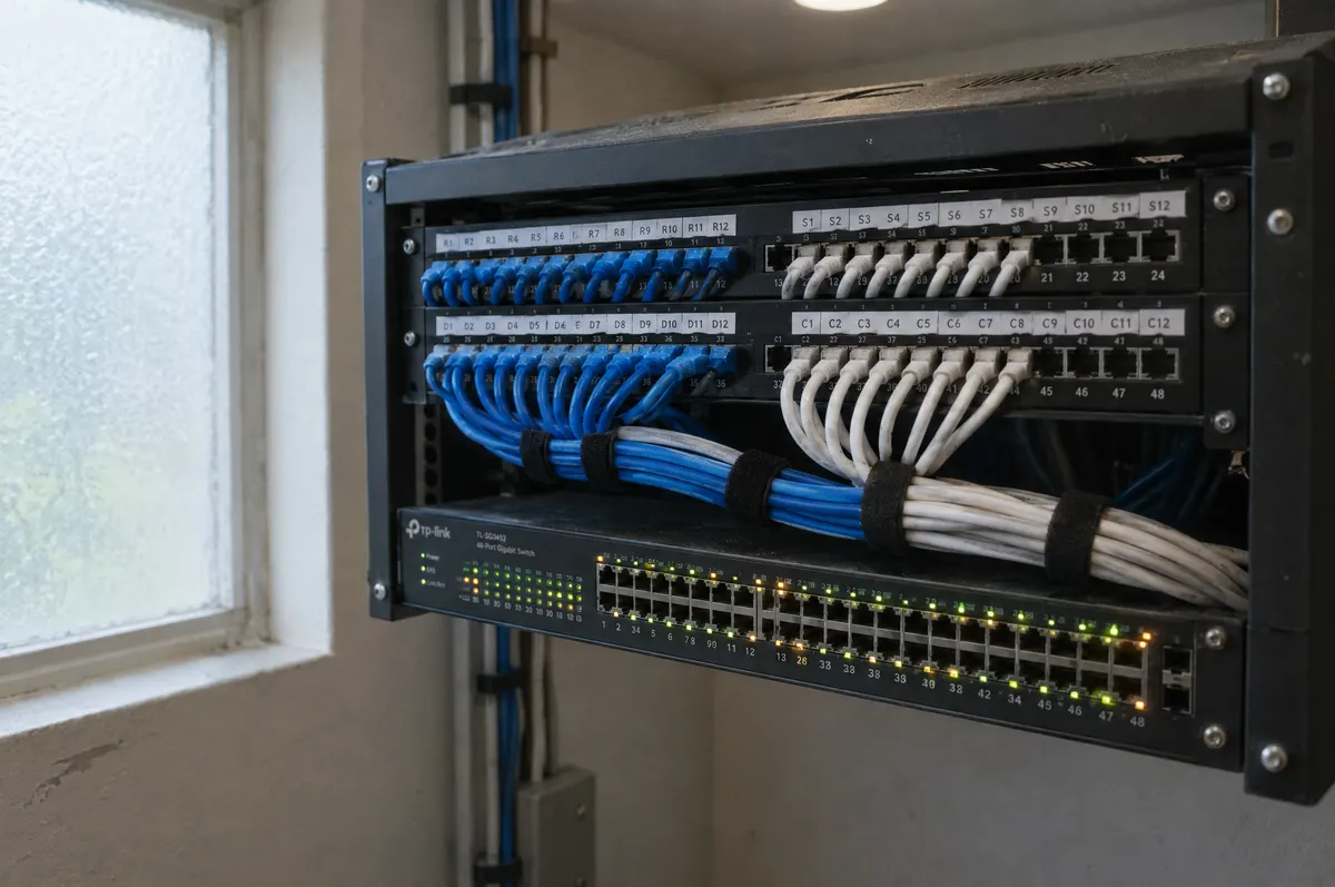 Wall-mounted patch panel and network switch with neatly strapped blue cables and labelled ports