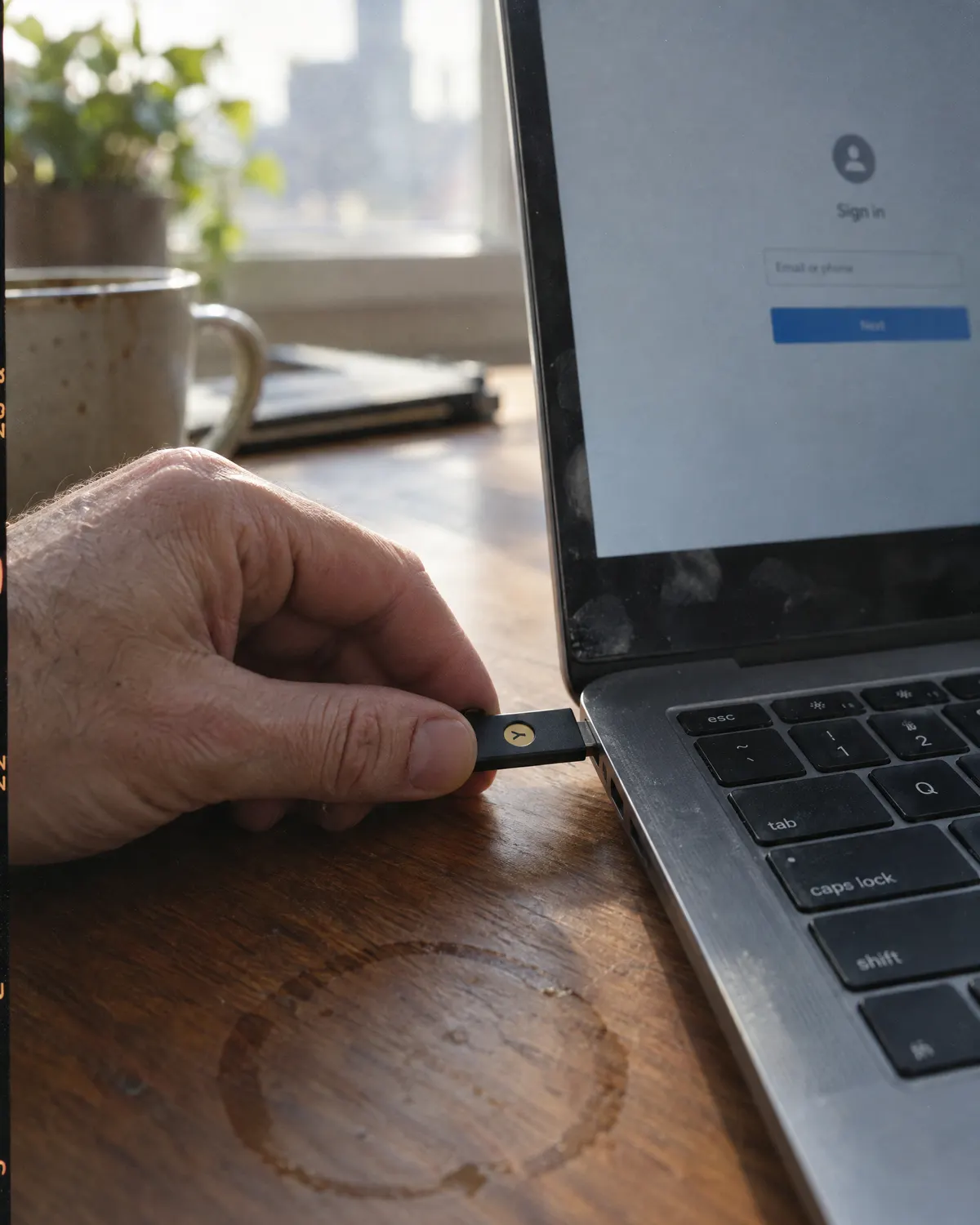 Hand plugging a hardware security key into a laptop for two-factor sign-in