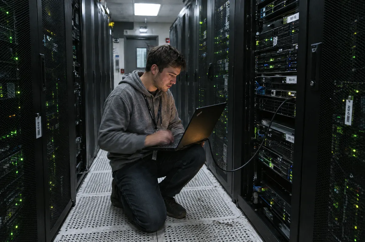 Technician kneeling in a server room aisle with a laptop connected to a rack server
