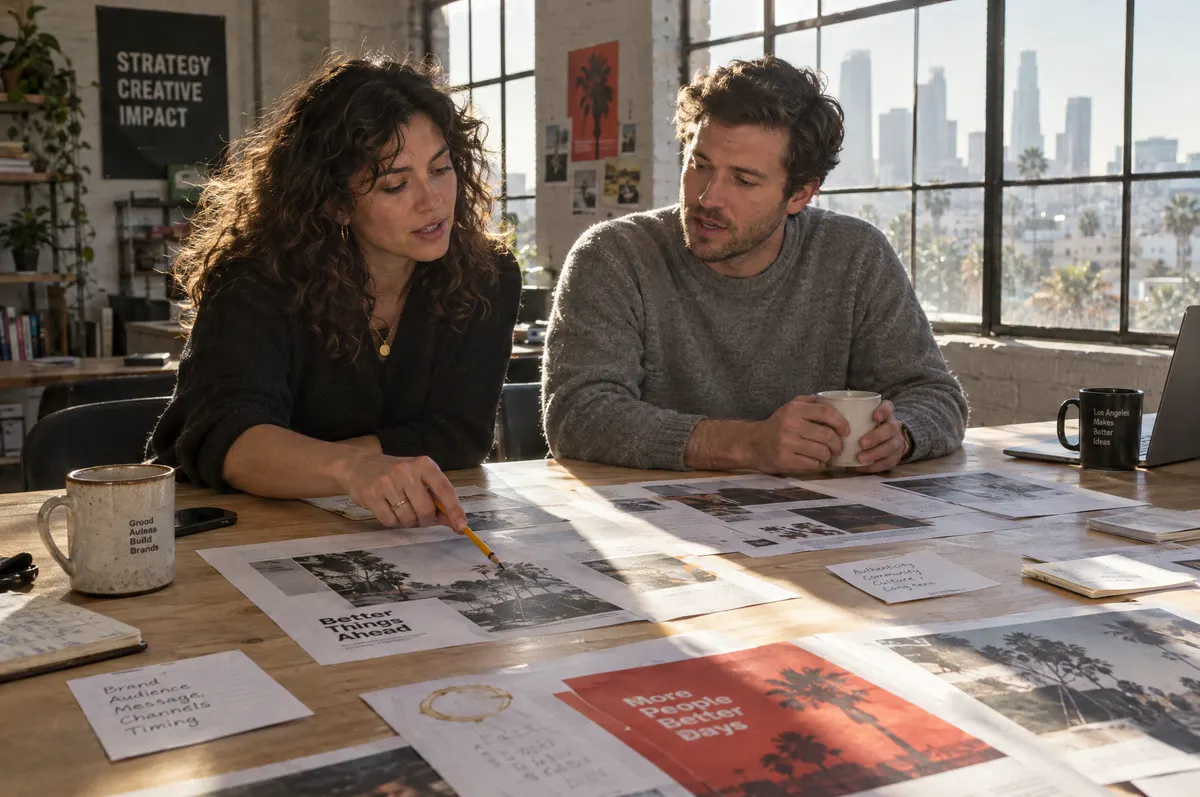 Two marketing strategists at a long oak table covered with printed ad layouts, one pointing at a page with a pencil