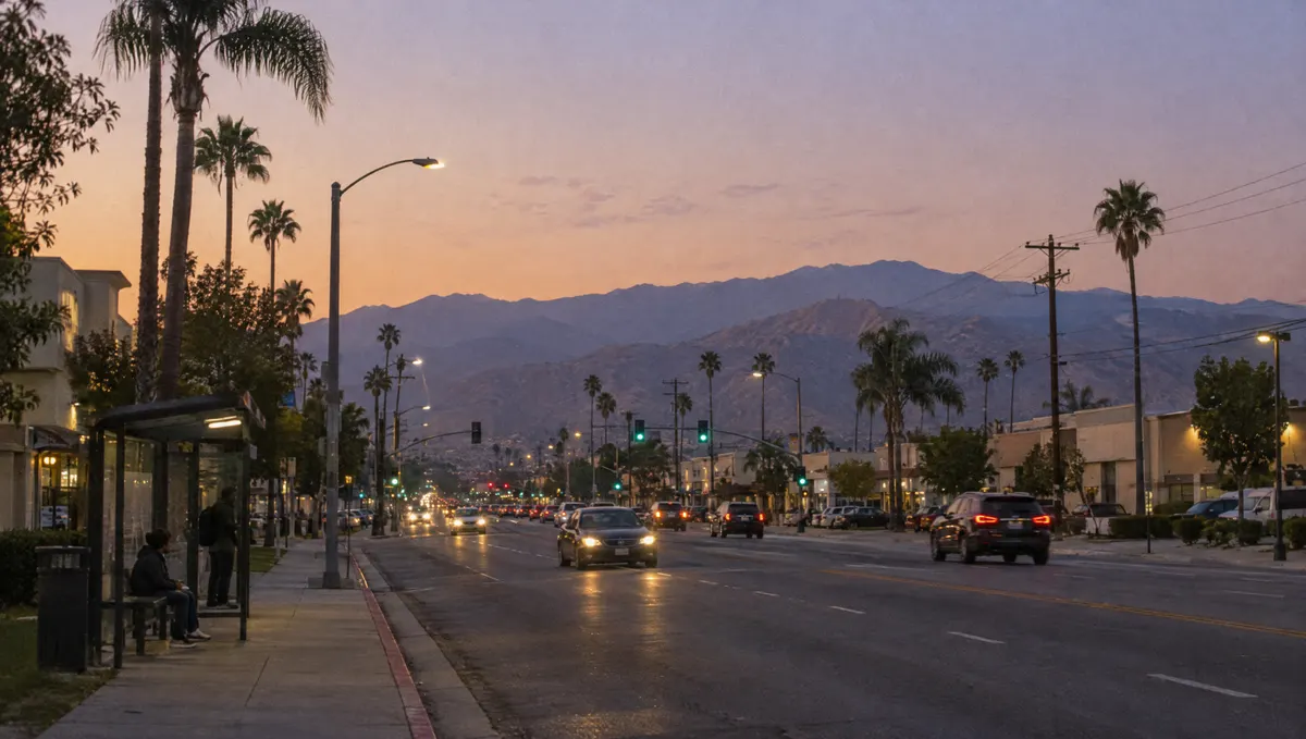 Northridge street at dusk with the San Gabriel and Santa Susana mountains in the distance
