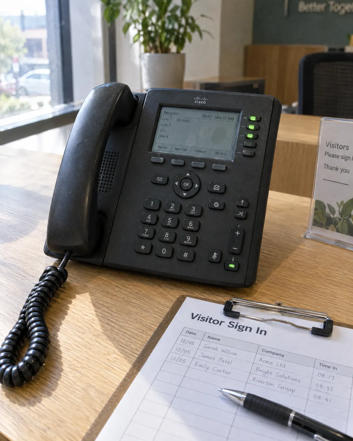Business IP desk phone on an oak reception desk beside a visitor sign-in clipboard