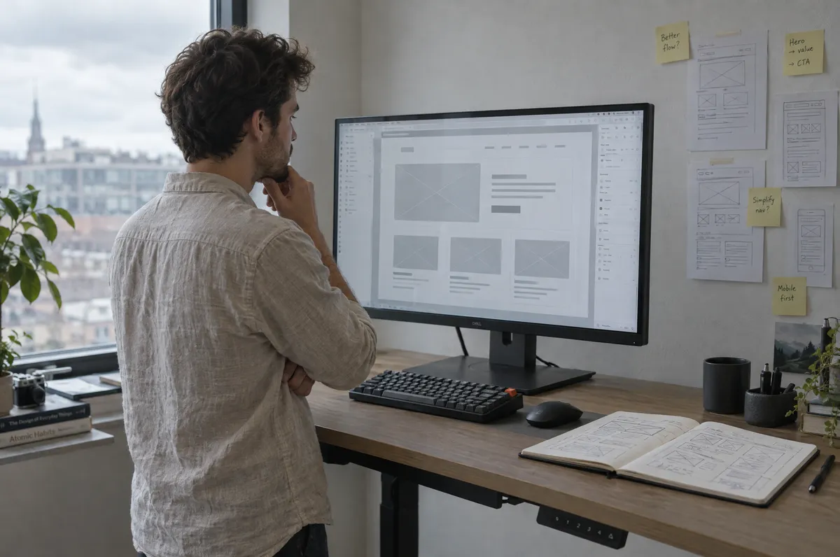 Web designer arranging a wireframe layout on a large monitor beside sticky-note sketches on the wall