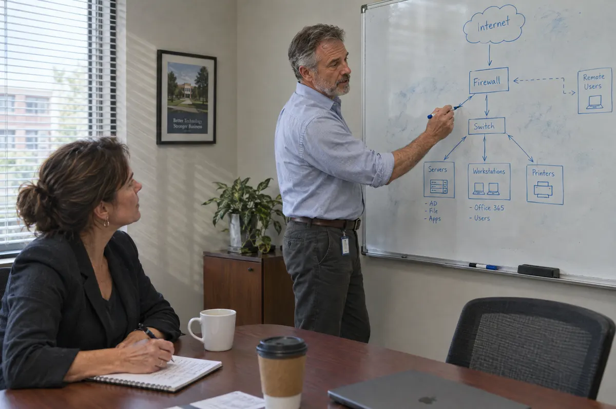 IT consultant sketching a network diagram on a whiteboard while a business owner takes notes