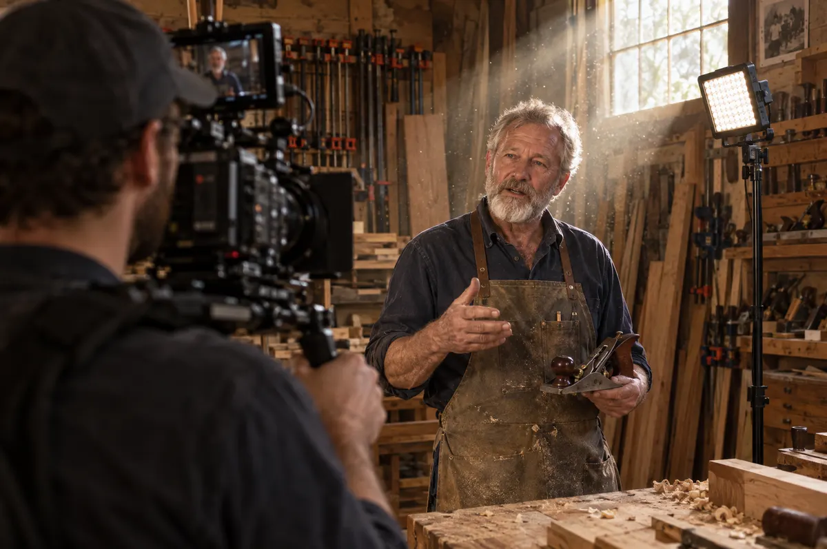 Videographer with a shoulder rig filming a cabinet maker talking to camera in his workshop